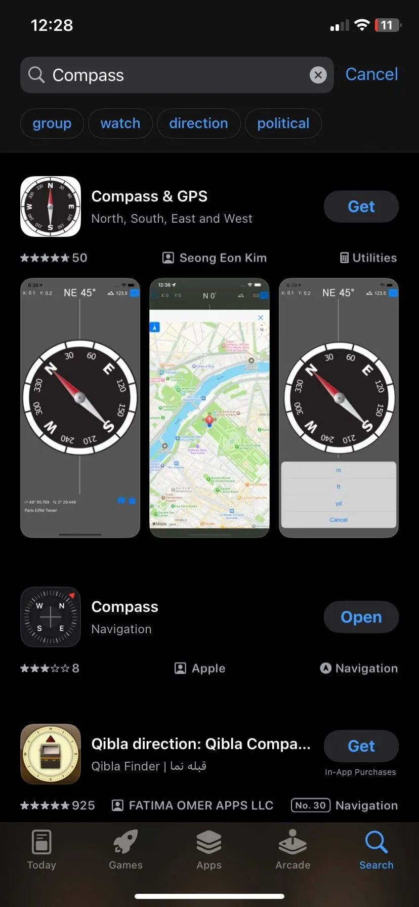 Giao diện tìm kiếm ứng dụng la bàn trên App Store