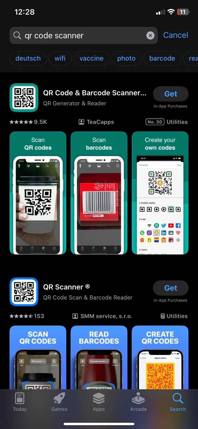Giao diện tìm kiếm ứng dụng quét mã QR trên App Store