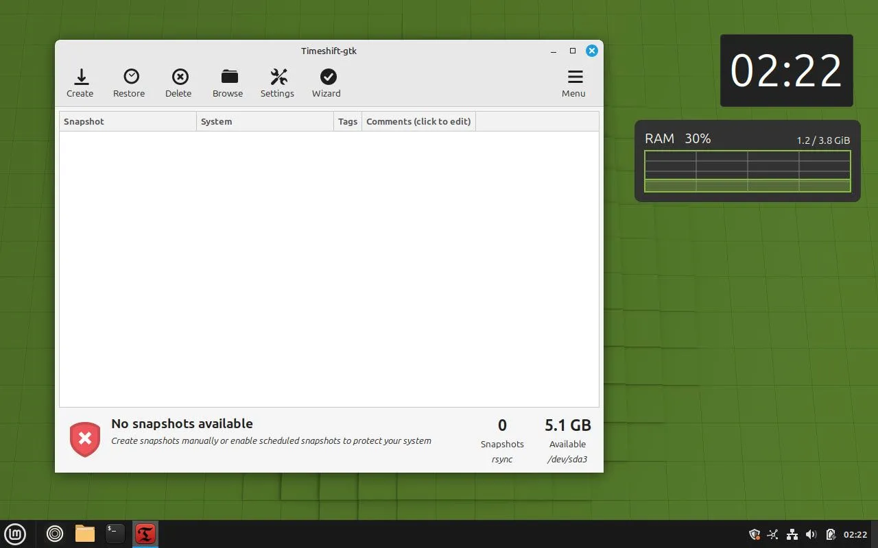 Giao diện Timeshift trên Linux Mint, công cụ sao lưu hệ thống mạnh mẽ và dễ sử dụng.