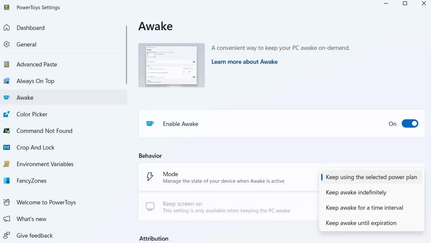 Giao diện tính năng Awake trong Microsoft PowerToys, giúp ngăn chặn máy tính đi vào chế độ ngủ.