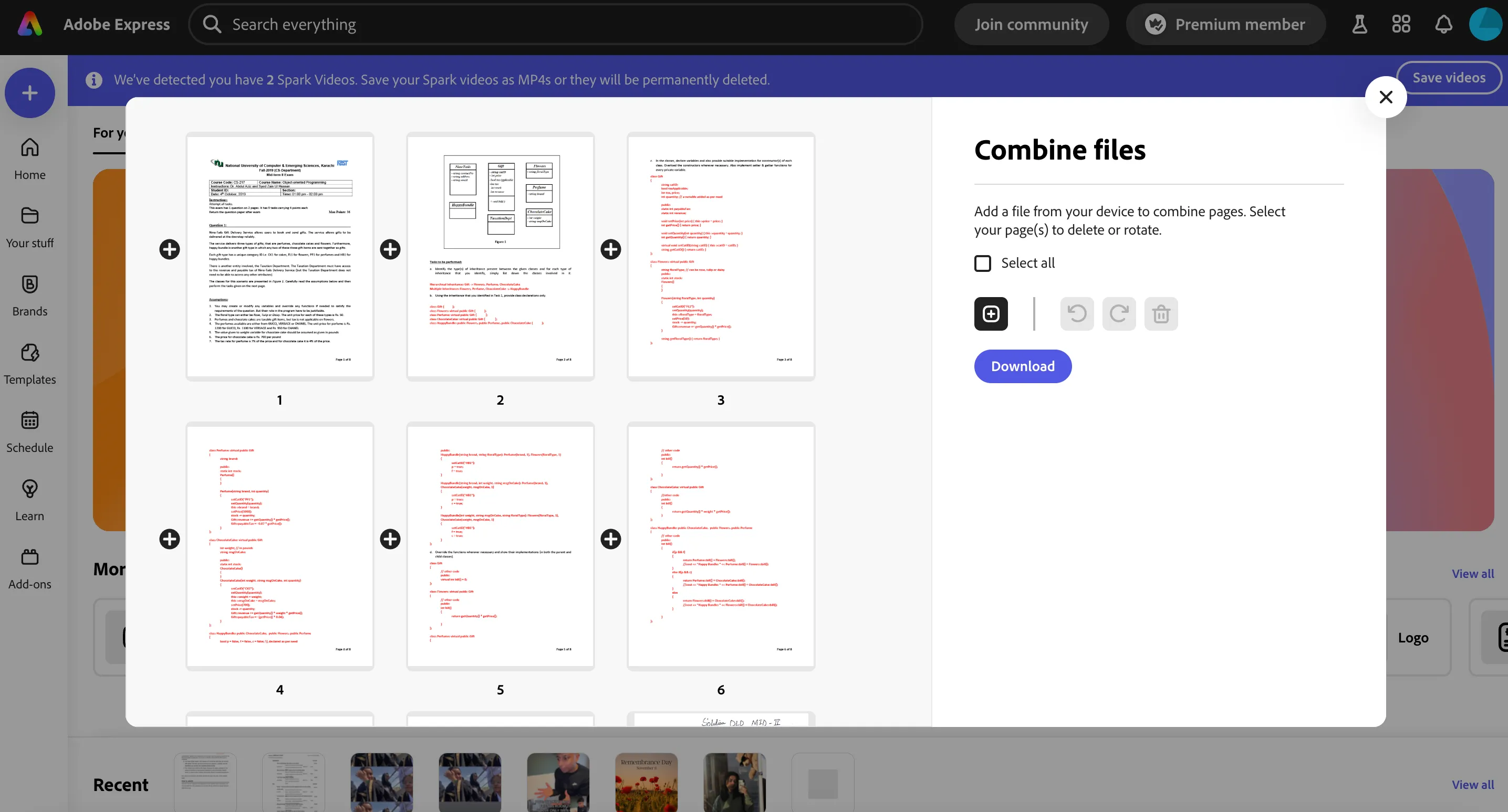 Giao diện tính năng &quot;Ghép Tệp&quot; (Combine Files) của Adobe Express để kết hợp nhiều tài liệu thành một PDF.