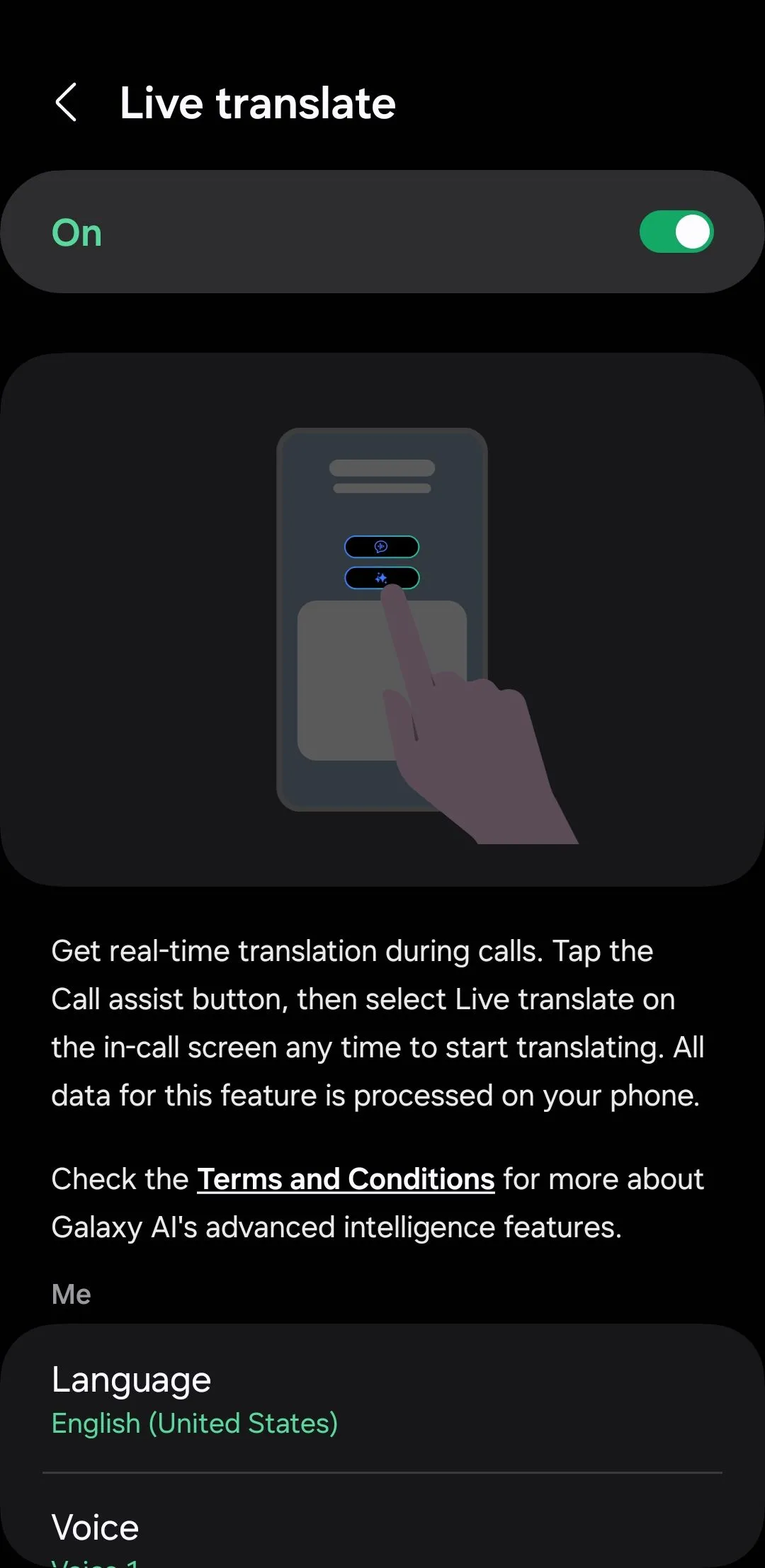 Giao diện tính năng Live Translate (phiên dịch trực tiếp) trên ứng dụng Điện thoại Samsung