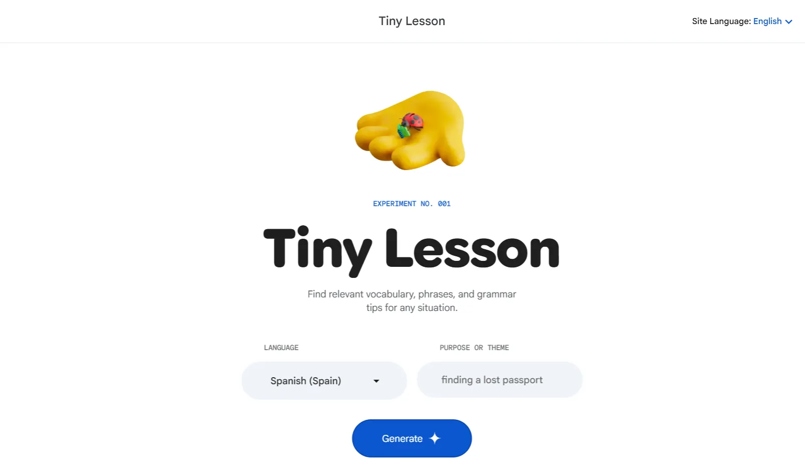 Giao diện tính năng Tiny Lesson của Little Language Lessons, hiển thị cuộc hội thoại mô phỏng và gợi ý từ vựng theo ngữ cảnh.