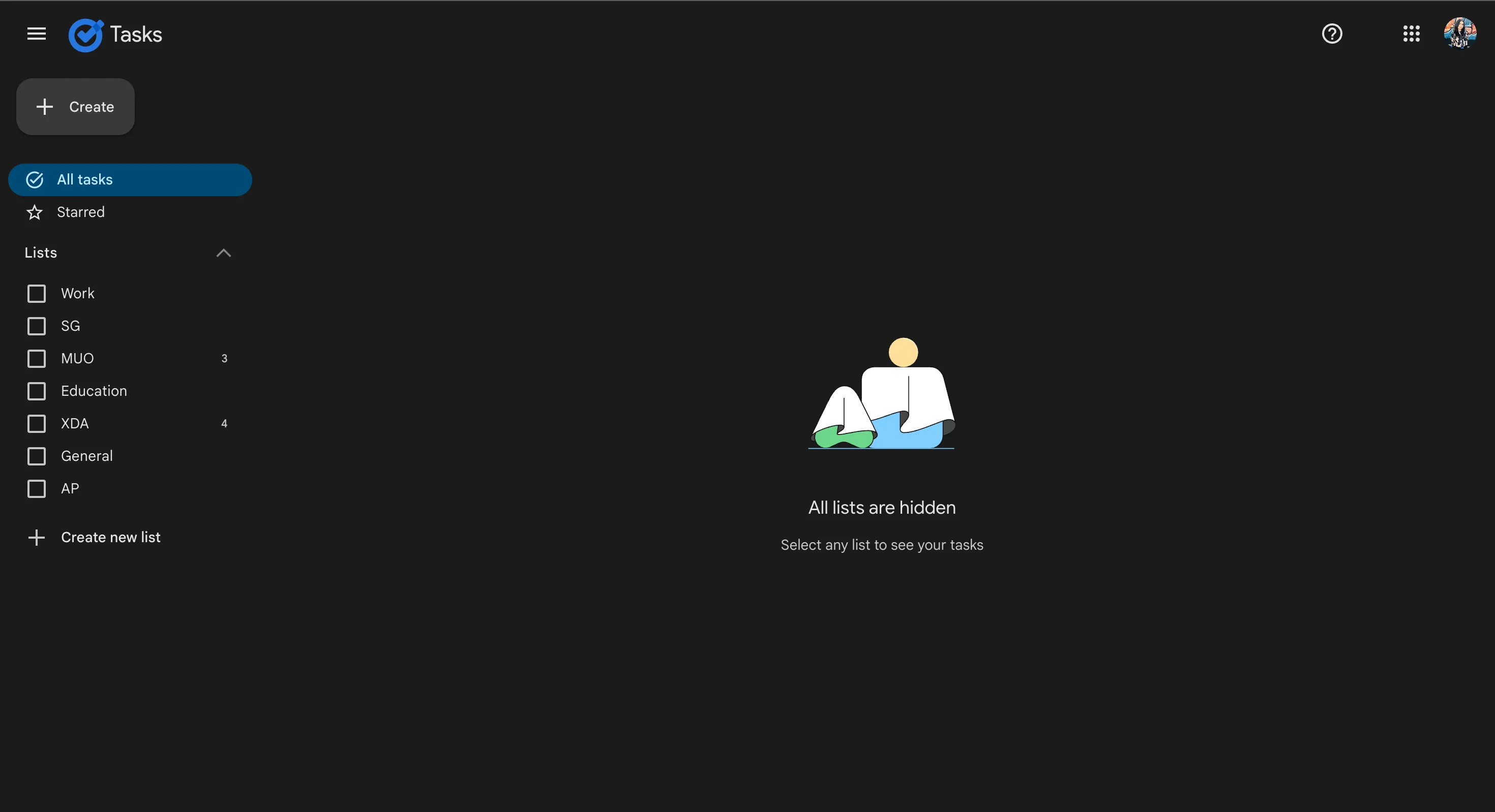 Giao diện tối giản của Google Tasks hiển thị các tùy chọn All tasks, Starred và các danh sách công việc cá nhân.