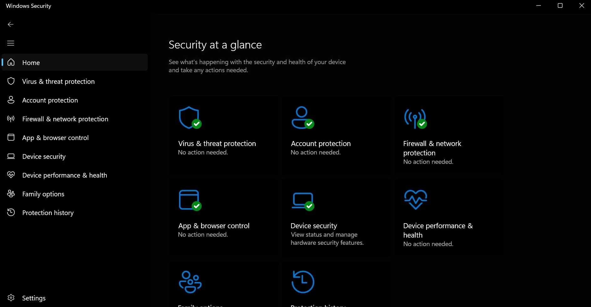 Giao diện tổng quan bảo mật của Windows Defender trên Windows 11