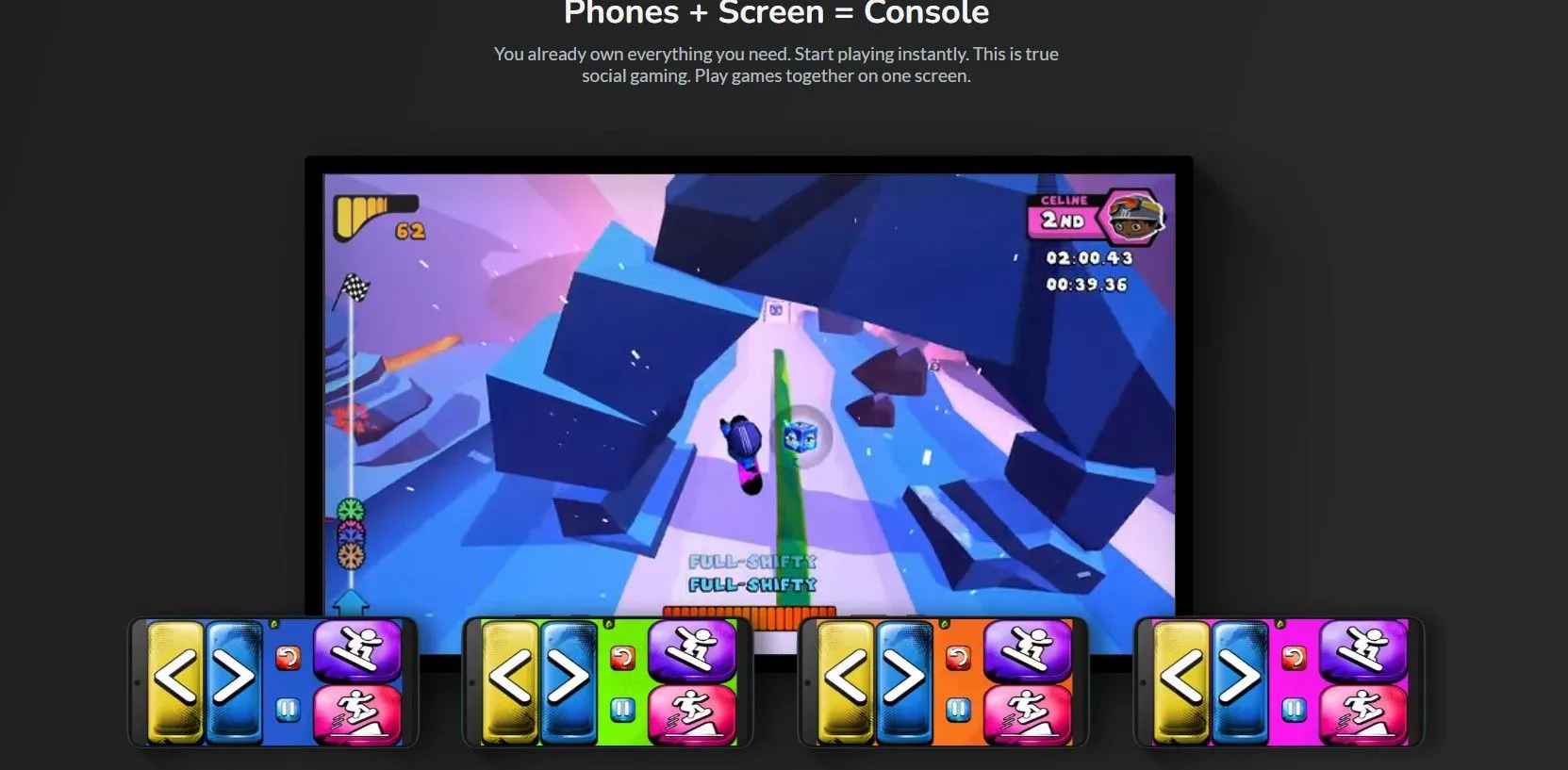Giao diện trang chủ AirConsole trên màn hình TV với tùy chọn 'START PLAYING NOW' và hướng dẫn kết nối điện thoại