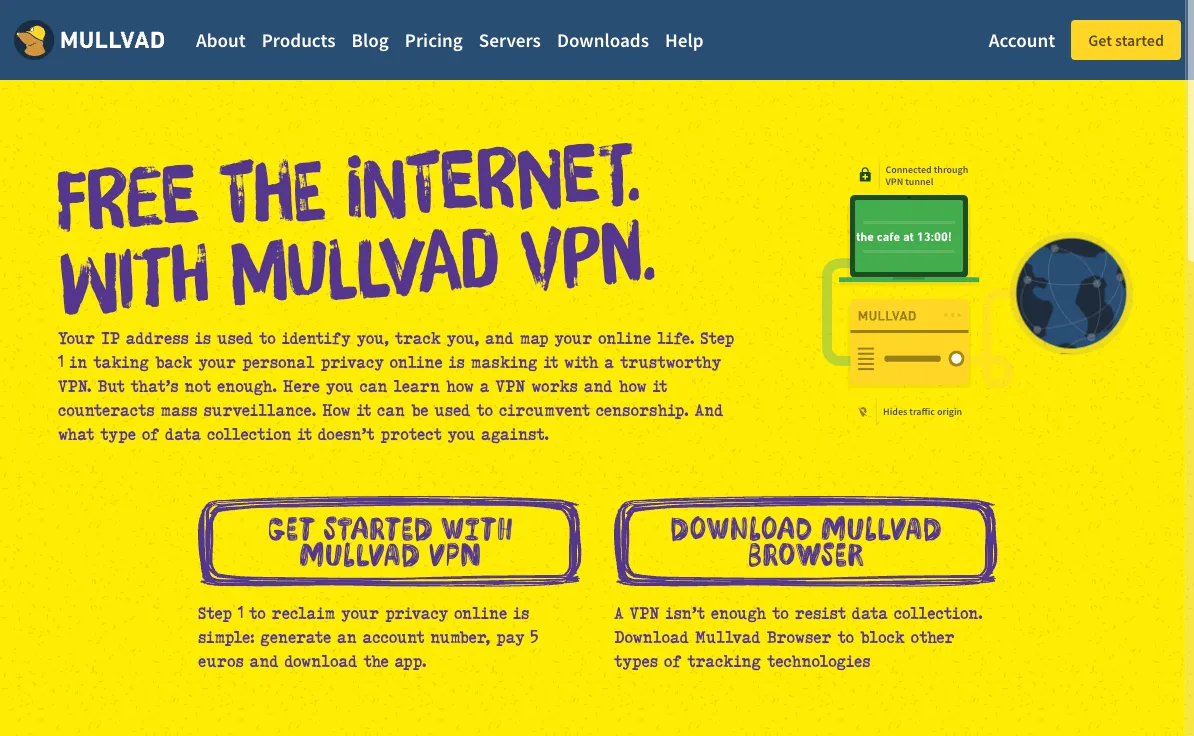 Giao diện trang chủ của Mullvad VPN, một dịch vụ VPN đáng tin cậy cung cấp khả năng ẩn danh hoàn toàn và bảo vệ quyền riêng tư người dùng.
