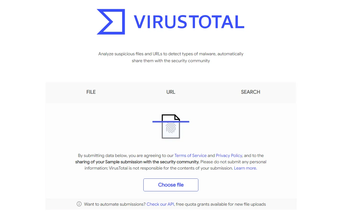Giao diện trang chủ VirusTotal, nơi bạn có thể tải file lên hoặc dán link để kiểm tra virus.