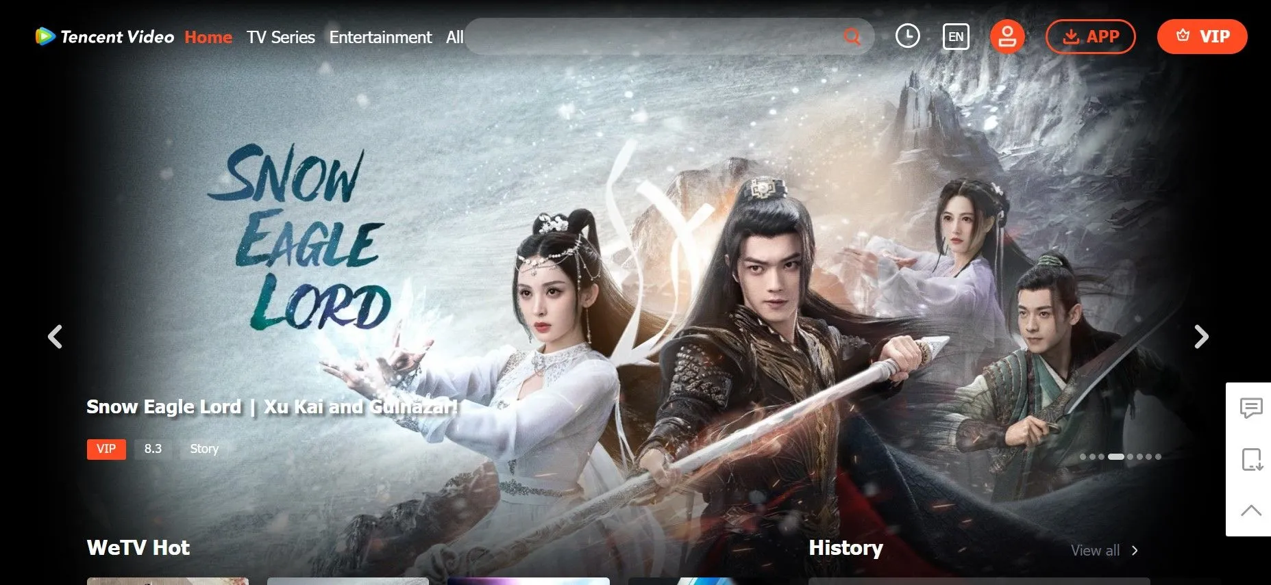 Giao diện trang chủ WeTV VIP hiển thị các nội dung phim và chương trình giải trí châu Á
