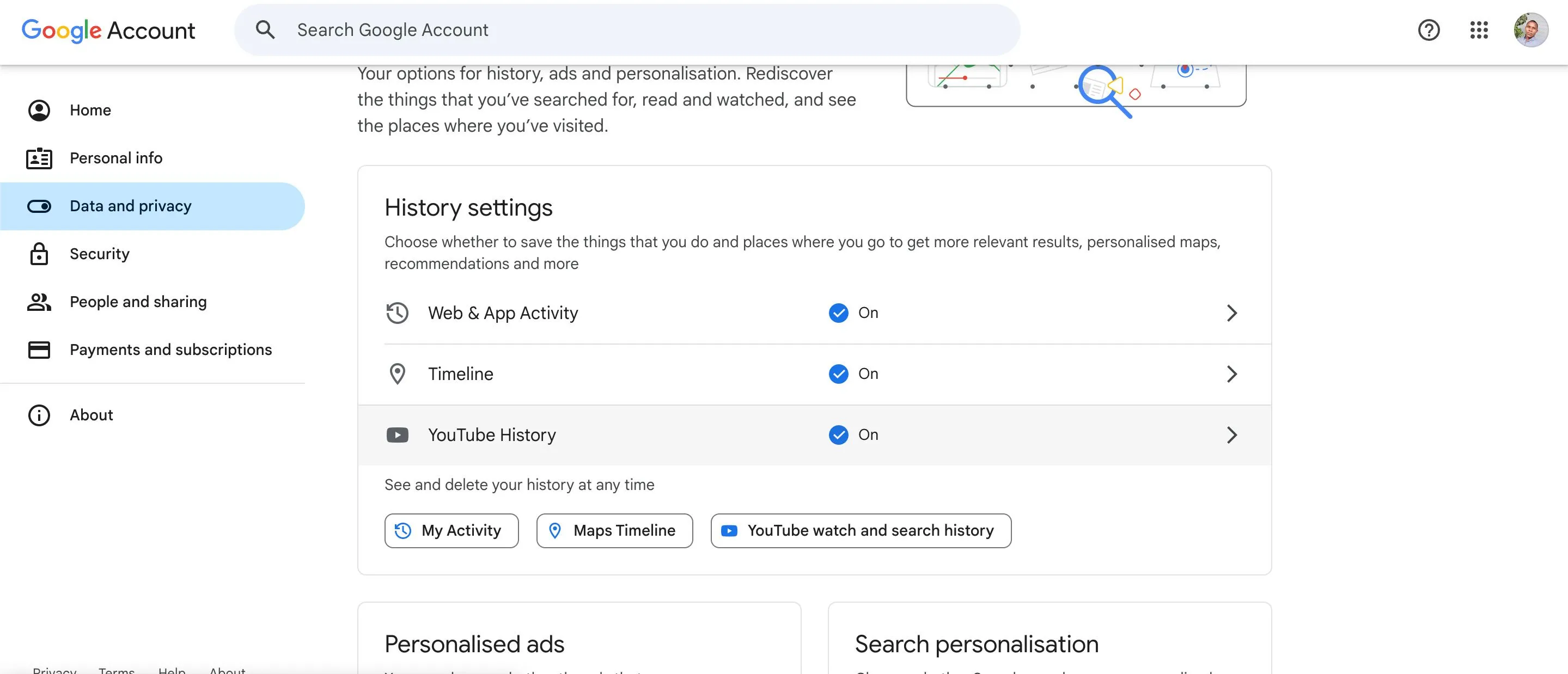 Giao diện trang Dữ liệu &amp; Quyền riêng tư trong Tài khoản Google, nơi người dùng có thể quản lý các cài đặt lịch sử hoạt động và bảo mật.