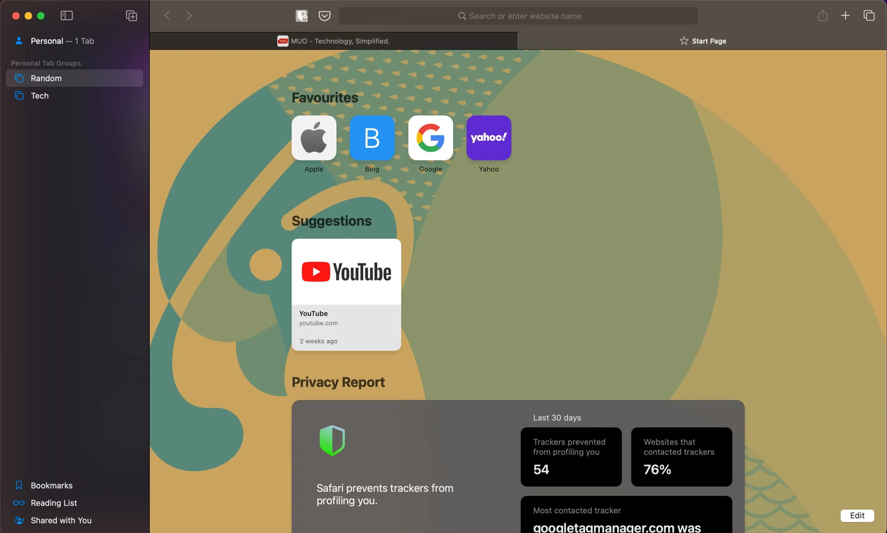 Giao diện trang tab mới của trình duyệt Safari trên máy Mac, nổi bật sự tối ưu của Apple.