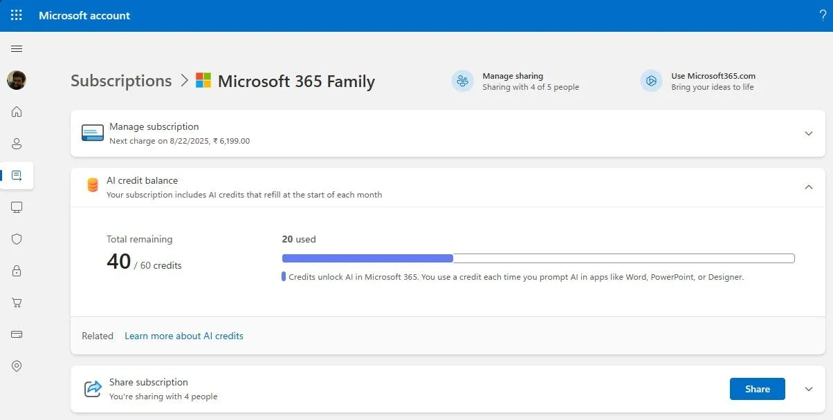 Giao diện trang tài khoản Microsoft hiển thị số dư tín dụng AI còn lại và thông tin về việc sử dụng tín dụng cho Microsoft 365.
