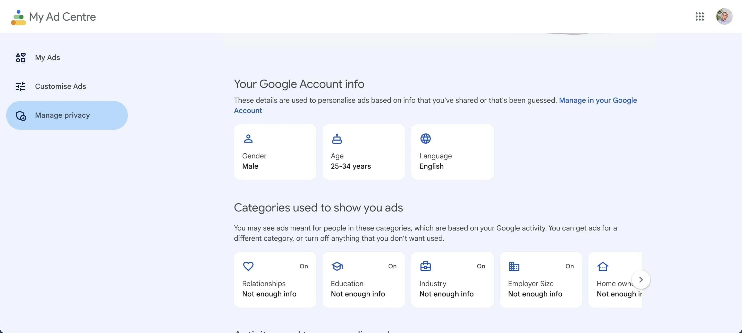 Giao diện trang Trung tâm quảng cáo của Google (adssettings.google.com) cho phép người dùng xem và quản lý các thông tin cá nhân được sử dụng cho mục đích quảng cáo.