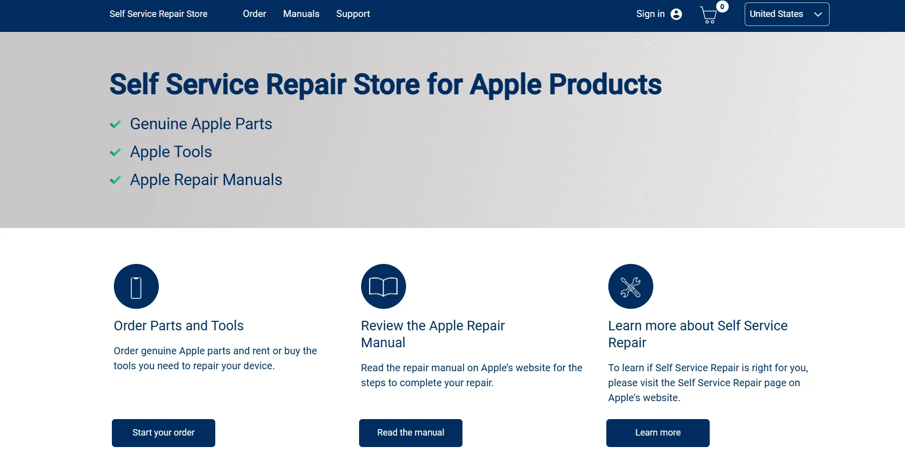 Giao diện trang web Apple Self-Service Repair cho phép đặt linh kiện và công cụ sửa chữa