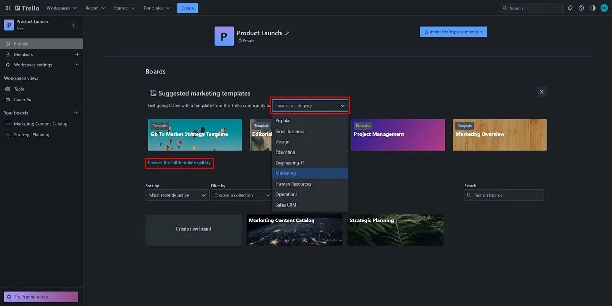 Giao diện Trello hiển thị cách tạo bảng mới từ một mẫu có sẵn để quản lý dự án hiệu quả.