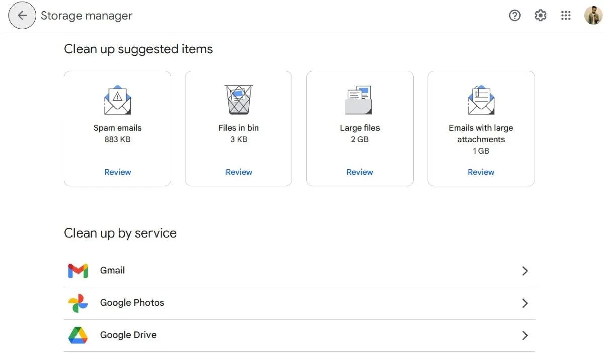 Giao diện Trình quản lý Bộ nhớ của Google Drive hiển thị các gợi ý dọn dẹp, giúp người dùng dễ dàng tối ưu hóa không gian lưu trữ.