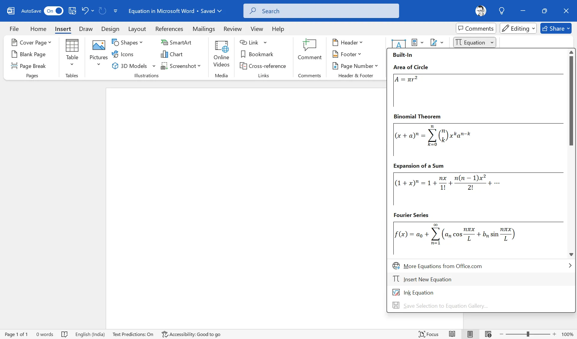 Giao diện trình soạn thảo công thức trong Microsoft Word với các công cụ và tùy chọn