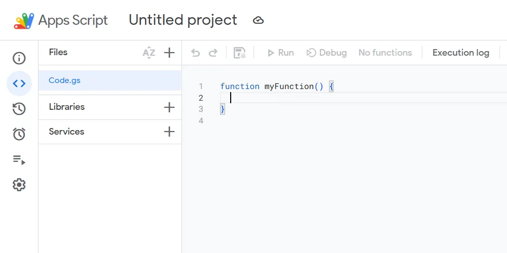 Giao diện trình soạn thảo Google Apps Script, nơi người dùng viết và quản lý các đoạn mã lập trình để tự động hóa Google Sheets và các ứng dụng Google Workspace khác.