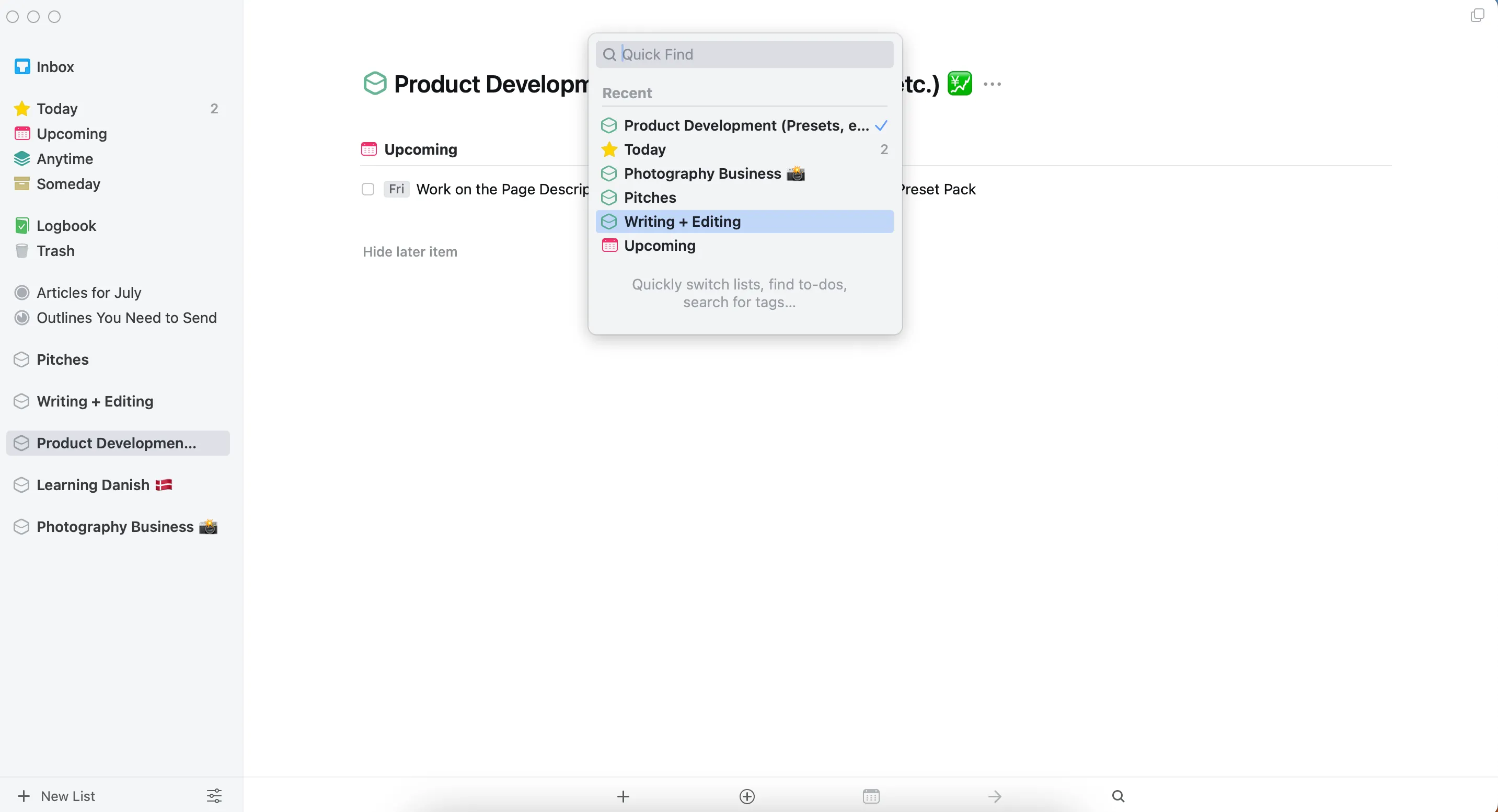 Giao diện trực quan của ứng dụng Things 3 trên macOS giúp tổ chức công việc nhanh chóng