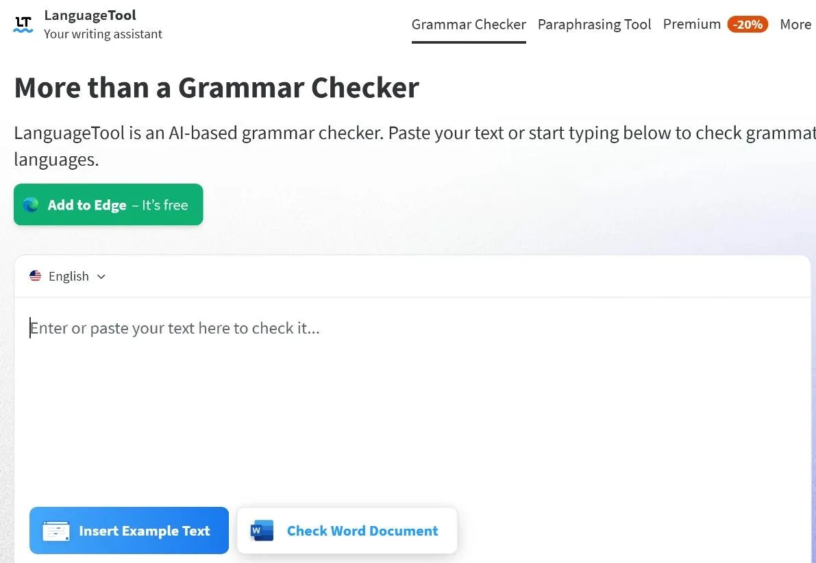 Giao diện trực tuyến của LanguageTool, hiển thị công cụ kiểm tra ngữ pháp và chính tả hiệu quả.