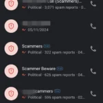 Giao diện Truecaller hiển thị danh sách các cuộc gọi được đánh dấu là spam hoặc lừa đảo.