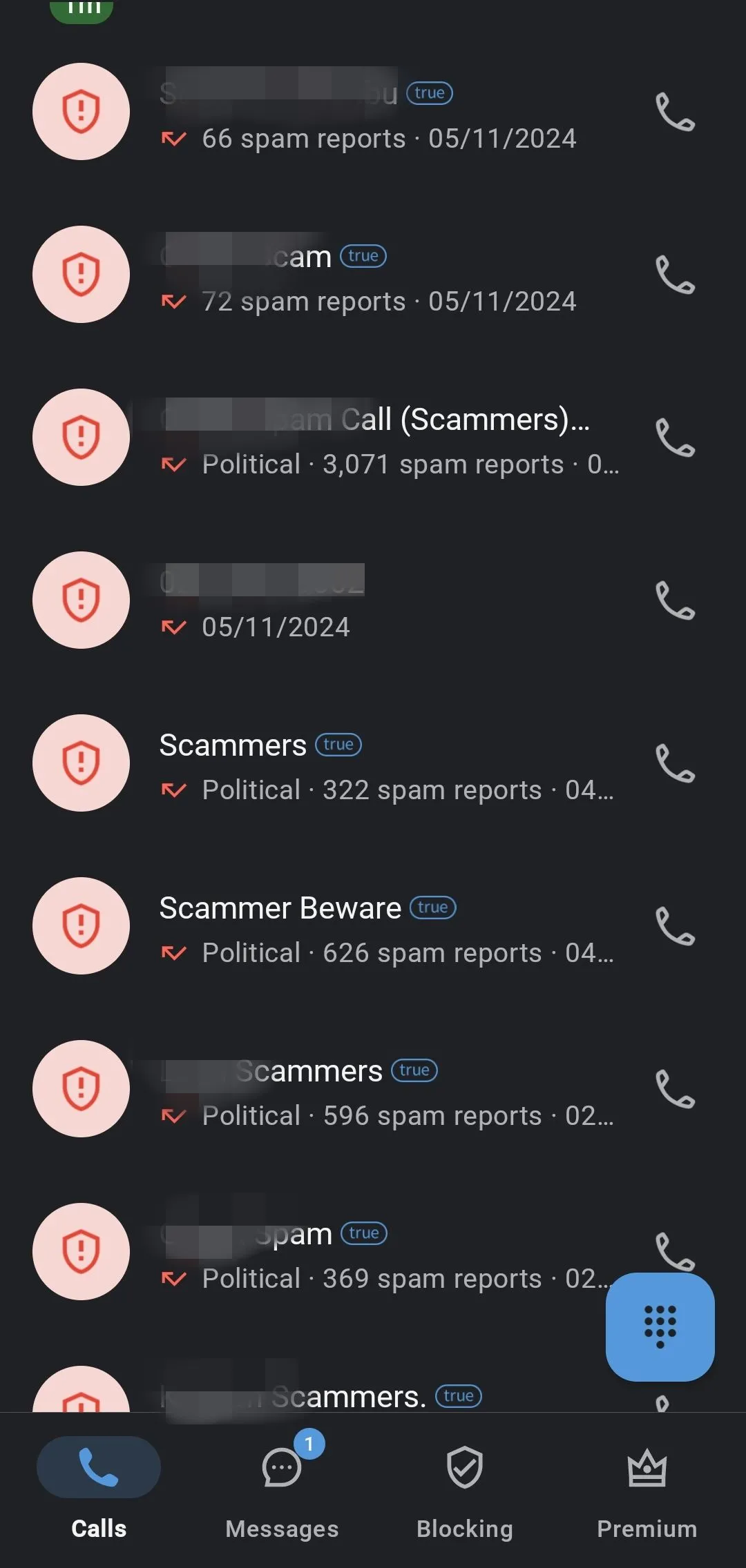 Giao diện Truecaller hiển thị danh sách các cuộc gọi được đánh dấu là spam hoặc lừa đảo.