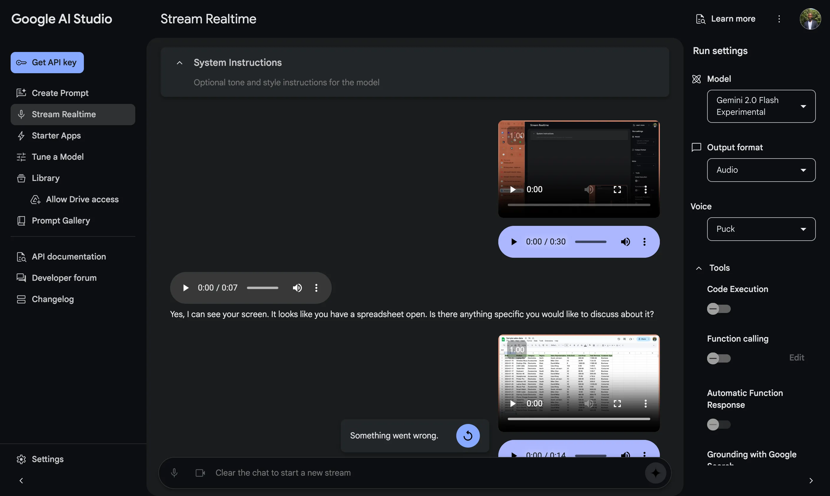 Giao diện tương tác trực tiếp với Gemini qua tính năng Stream Realtime trong Google AI Studio