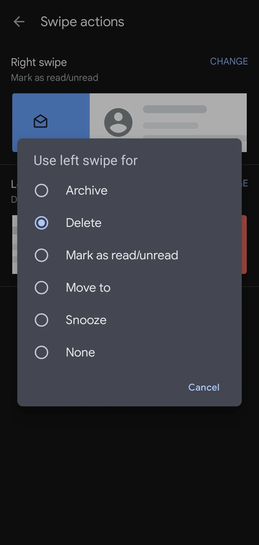 Giao diện tùy chỉnh các hành động cho cử chỉ vuốt (Swipe actions) trong cài đặt Gmail