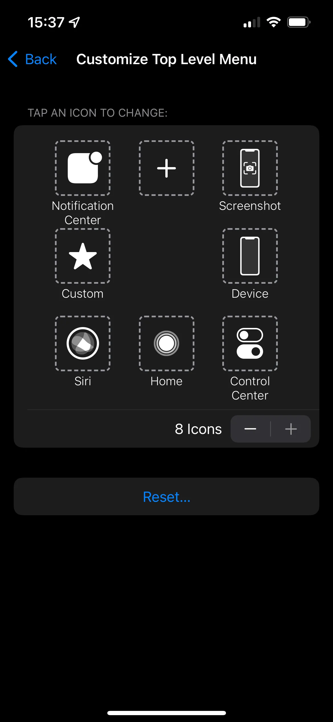 Giao diện tùy chỉnh menu cấp cao nhất của AssistiveTouch trên iPhone, hiển thị cách thêm chức năng Chụp ảnh màn hình