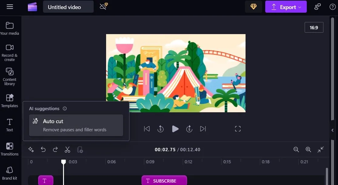 Giao diện tùy chọn Auto Cut để loại bỏ khoảng lặng và từ đệm trong Clipchamp