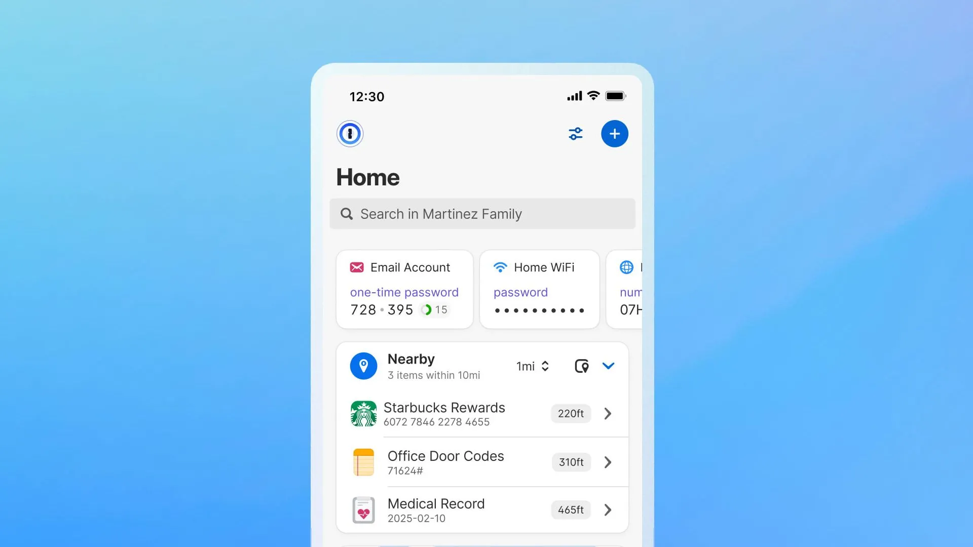 Giao diện ứng dụng 1Password hiển thị các mục được sắp xếp theo vị trí, minh họa tính năng quản lý mật khẩu chuyên nghiệp