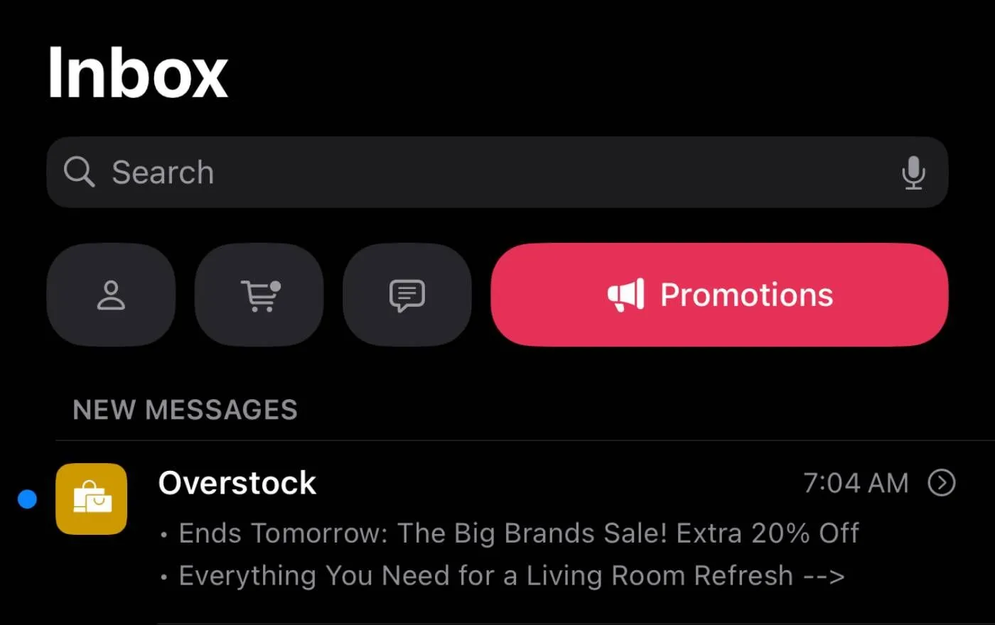 Giao diện ứng dụng Apple Mail với tính năng phân loại email tự động vào các danh mục như "Promotions".