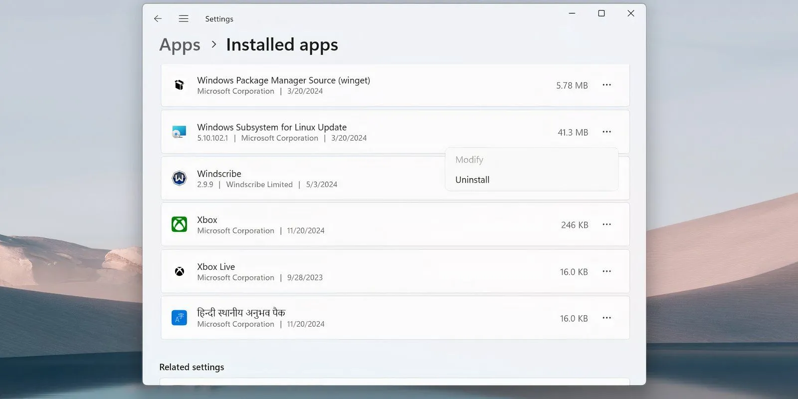 Giao diện Ứng dụng đã cài đặt trong Cài đặt, với tùy chọn Gỡ cài đặt cho Windows Subsystem for Linux (WSL)