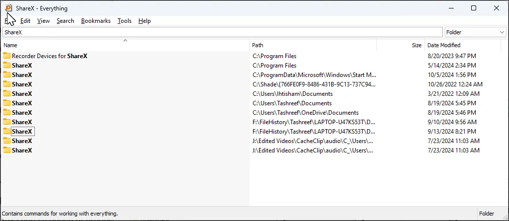 Giao diện ứng dụng Everything trên Windows 11, đang hiển thị kết quả tìm kiếm cho cụm từ &quot;ShareX&quot;