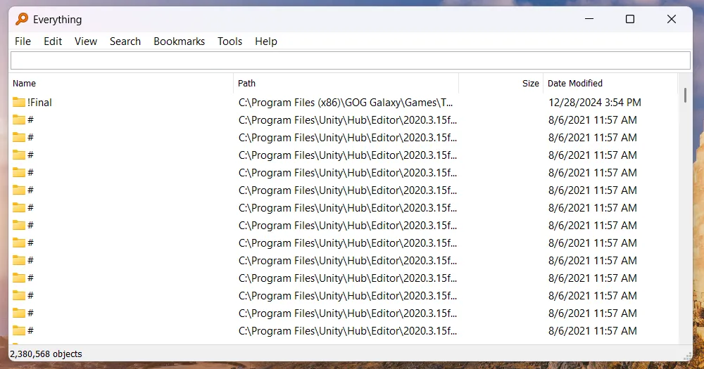 Giao diện ứng dụng Everything trên Windows hiển thị kết quả tìm kiếm file và thư mục cực nhanh.