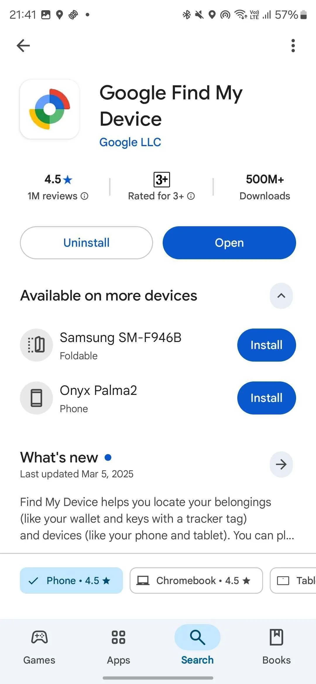 Giao diện ứng dụng Google Find My Device trên Google Play Store để cài đặt hoặc cập nhật