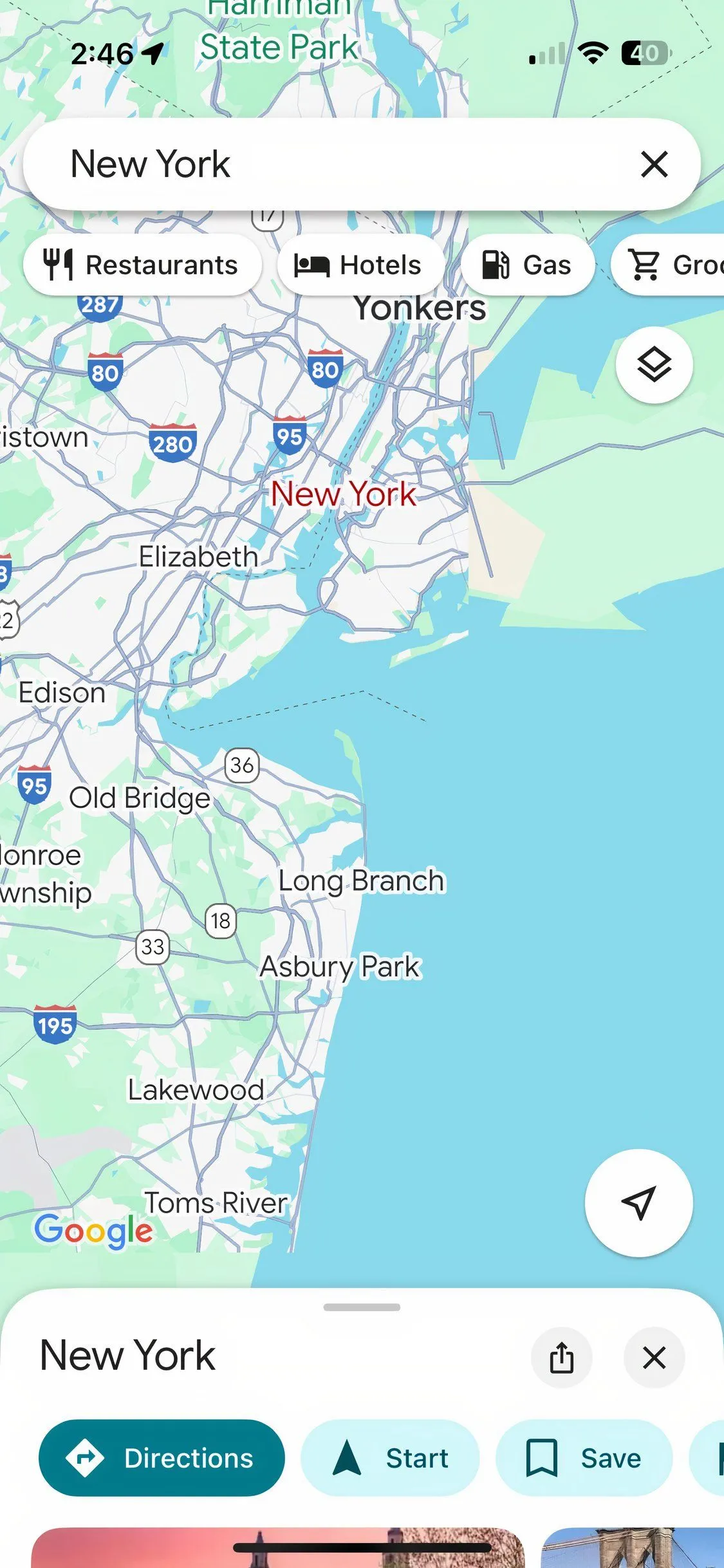 Giao diện ứng dụng Google Maps hiển thị bản đồ thành phố New York
