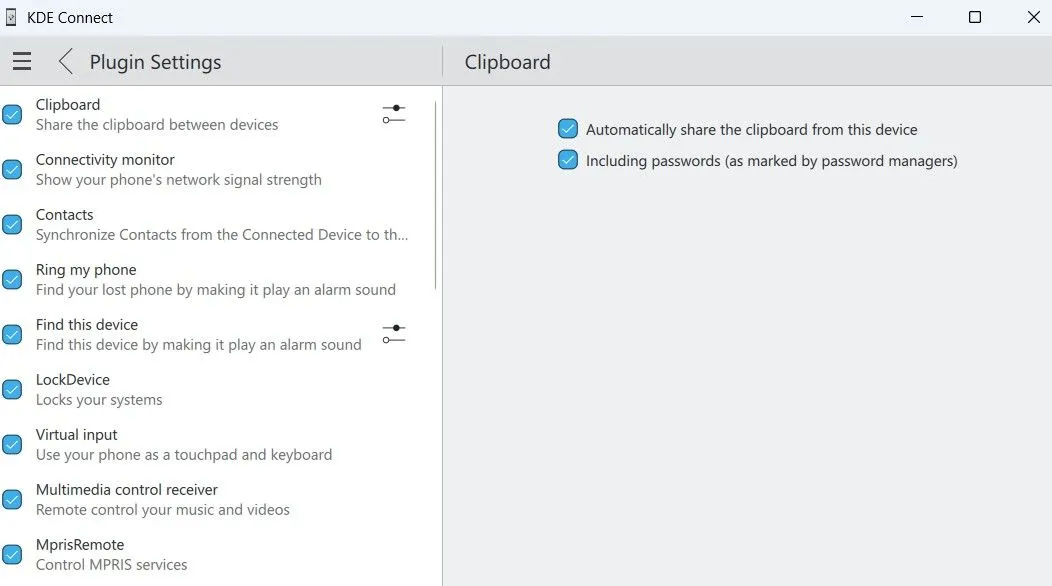 Giao diện ứng dụng KDE Connect trên Windows hiển thị cài đặt đồng bộ clipboard