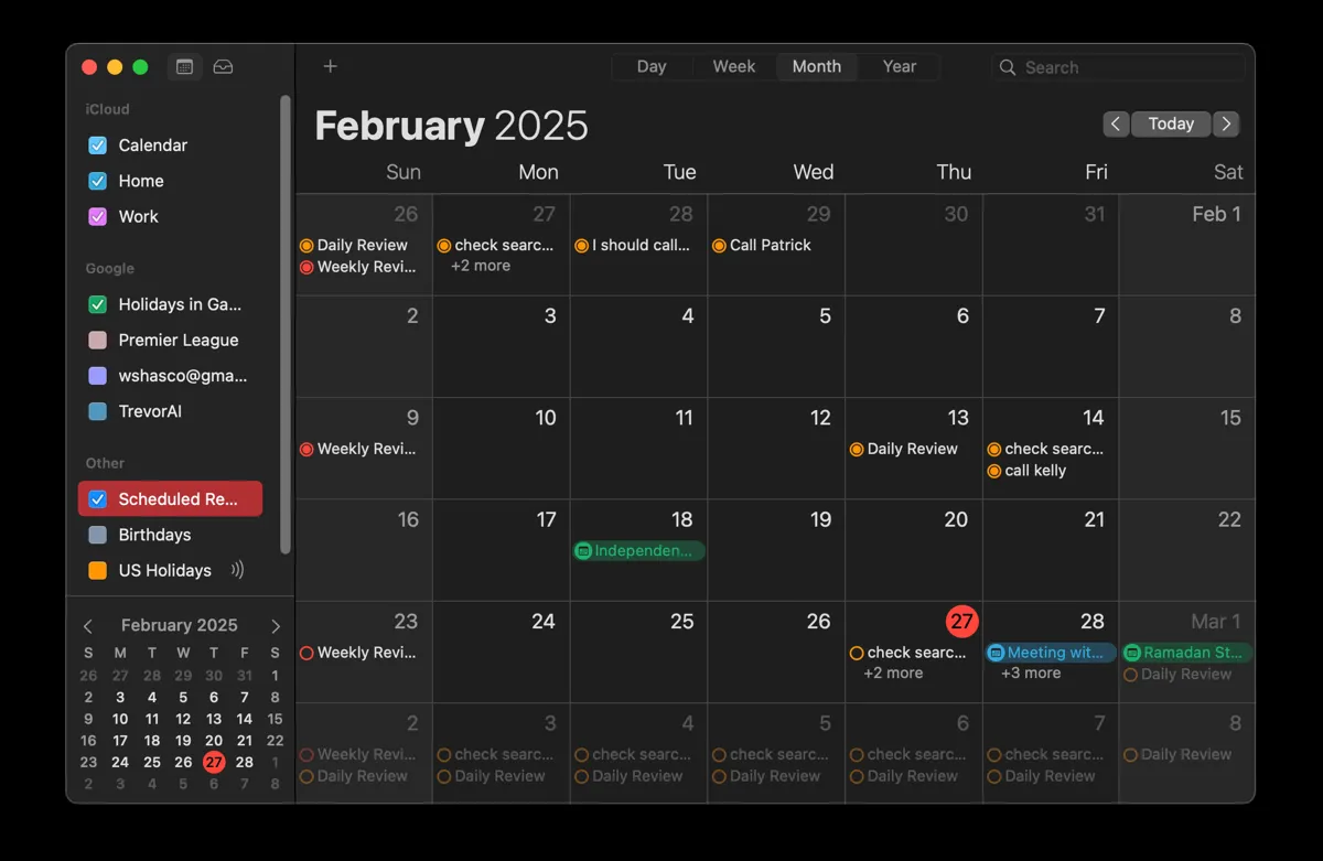 Giao diện ứng dụng Lịch (Calendar) của Apple trên máy Mac, hiển thị khả năng quản lý thời gian và các sự kiện một cách trực quan.