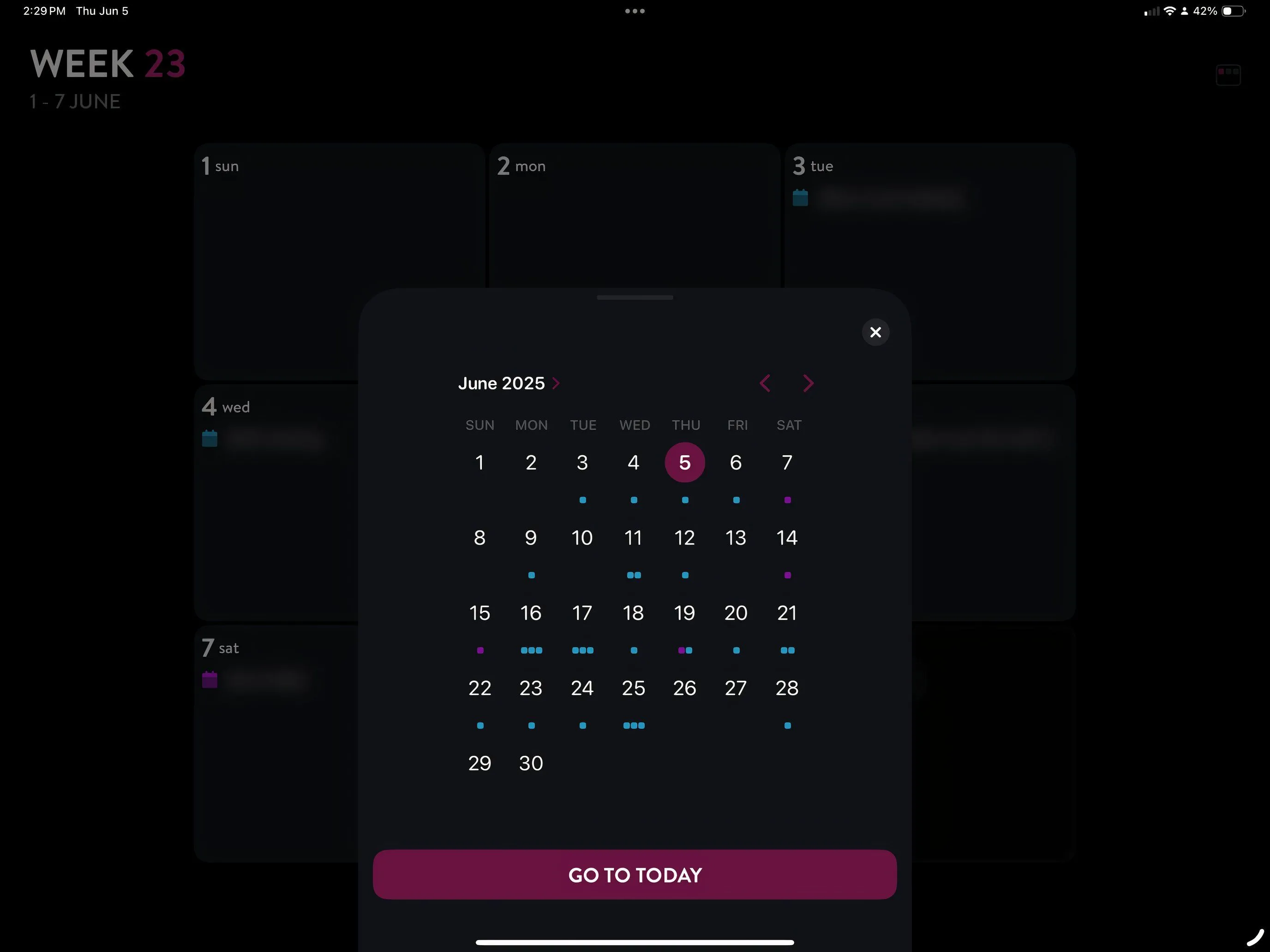 Giao diện ứng dụng Moleskine Planner trên iPad, hiển thị lịch trình và các mục công việc được sắp xếp khoa học.