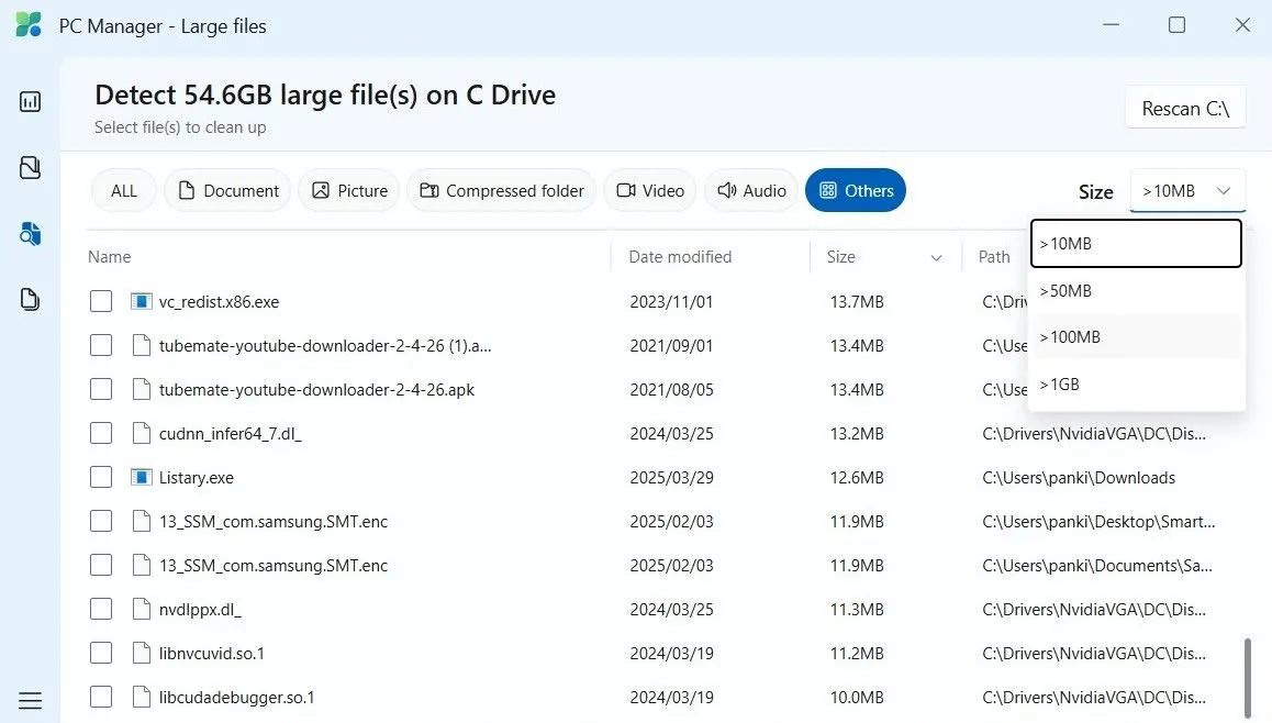 Giao diện ứng dụng PC Manager hiển thị danh sách các tệp tin có dung lượng lớn trên máy tính Windows.