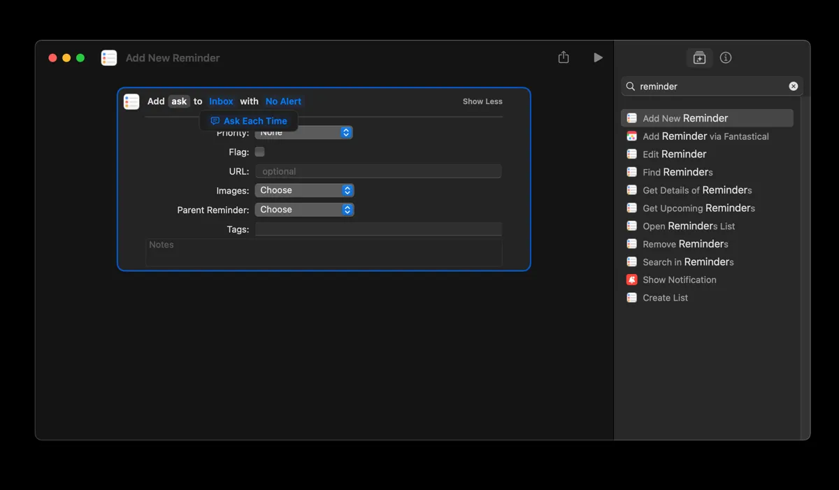 Giao diện ứng dụng Phím tắt (Shortcuts) trên macOS, minh họa việc tạo một hành động &quot;Thêm Lời nhắc Mới&quot; để nhập nhanh.