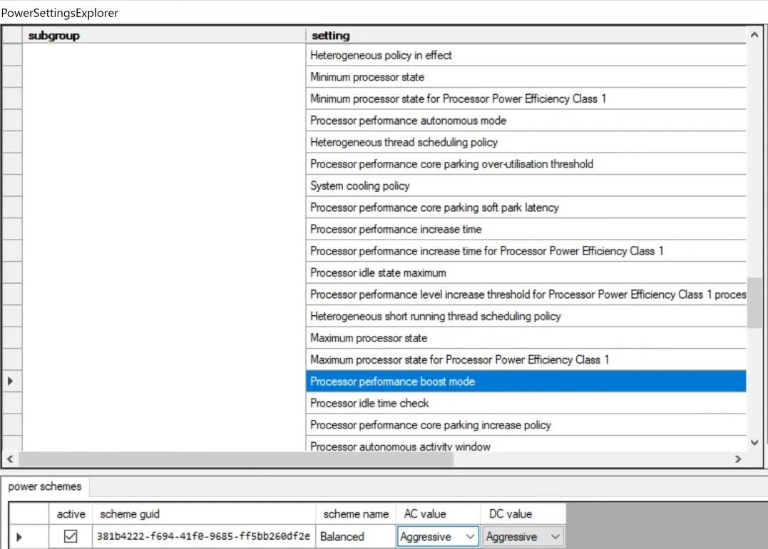 Giao diện ứng dụng Power Settings Explorer cho phép điều chỉnh các cài đặt năng lượng của bộ xử lý, minh họa một công cụ hữu ích trong việc chẩn đoán và khắc phục sự cố máy tính.