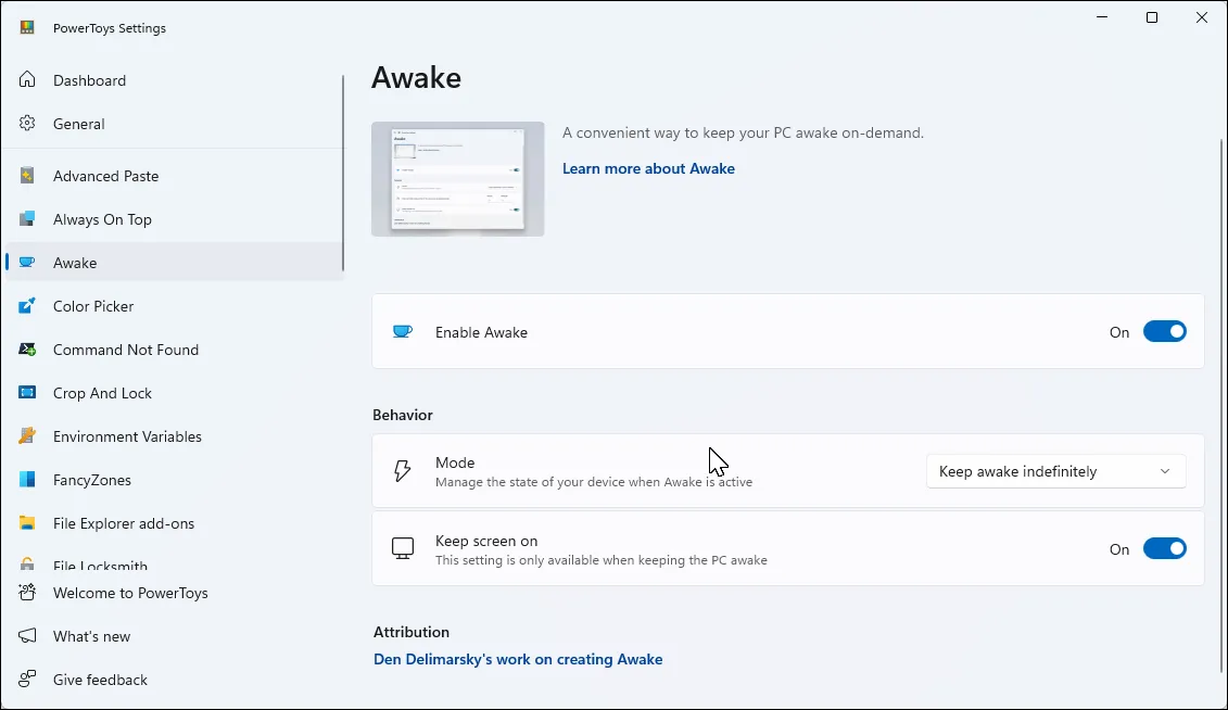 Giao diện ứng dụng PowerToys trên Windows 11, hiển thị tab Awake đang hoạt động