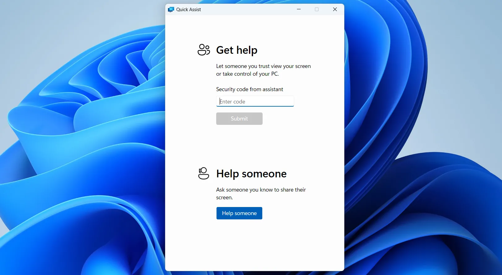 Giao diện ứng dụng Quick Assist trên Windows 11 cho phép người dùng nhận hoặc cung cấp hỗ trợ từ xa.