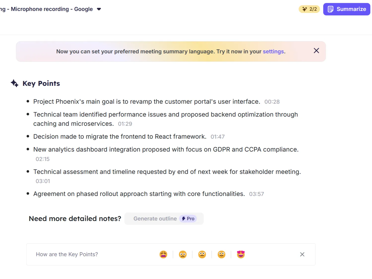 Giao diện ứng dụng web Krisp hiển thị bản tóm tắt cuộc họp dưới dạng các điểm chính