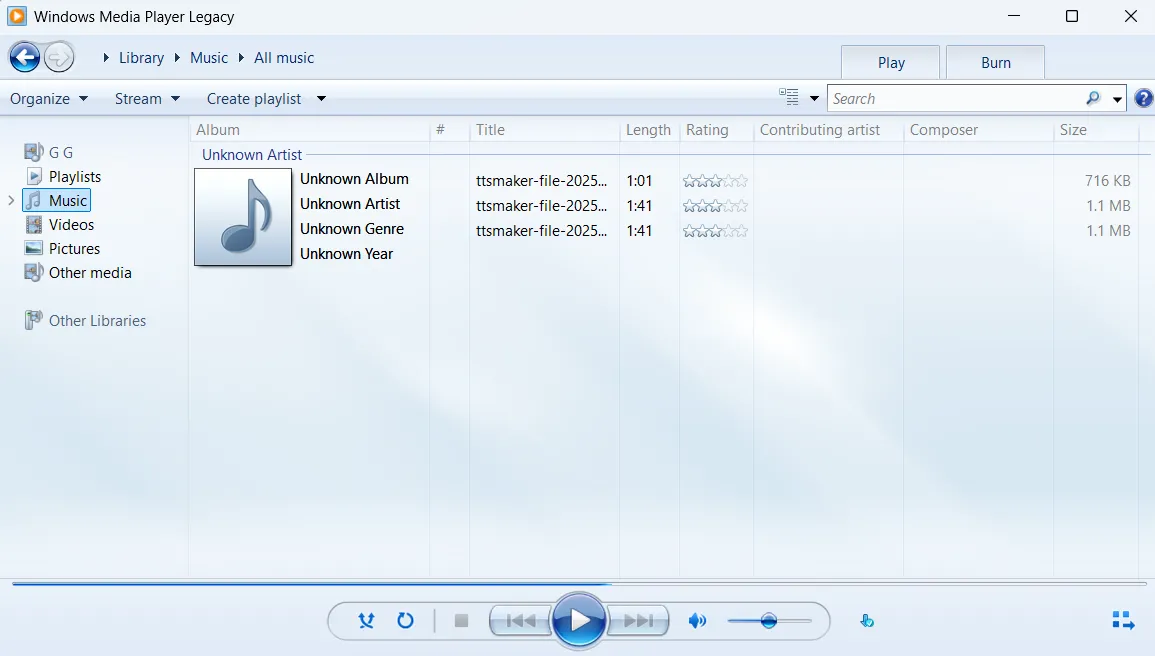 Giao diện ứng dụng Windows Media Player Legacy trên Windows 11.