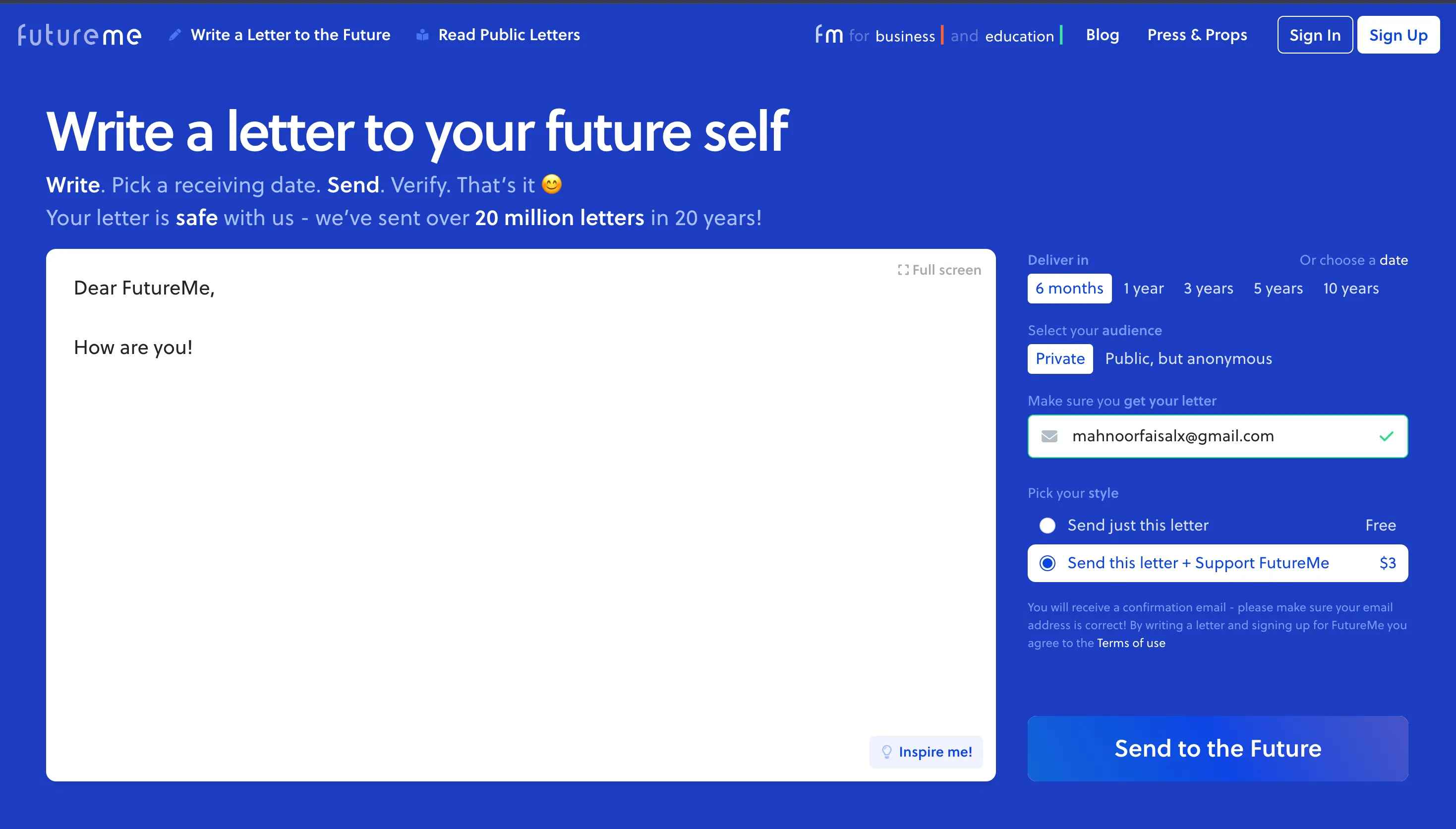 Giao diện viết thư và tùy chọn gửi trên FutureMe