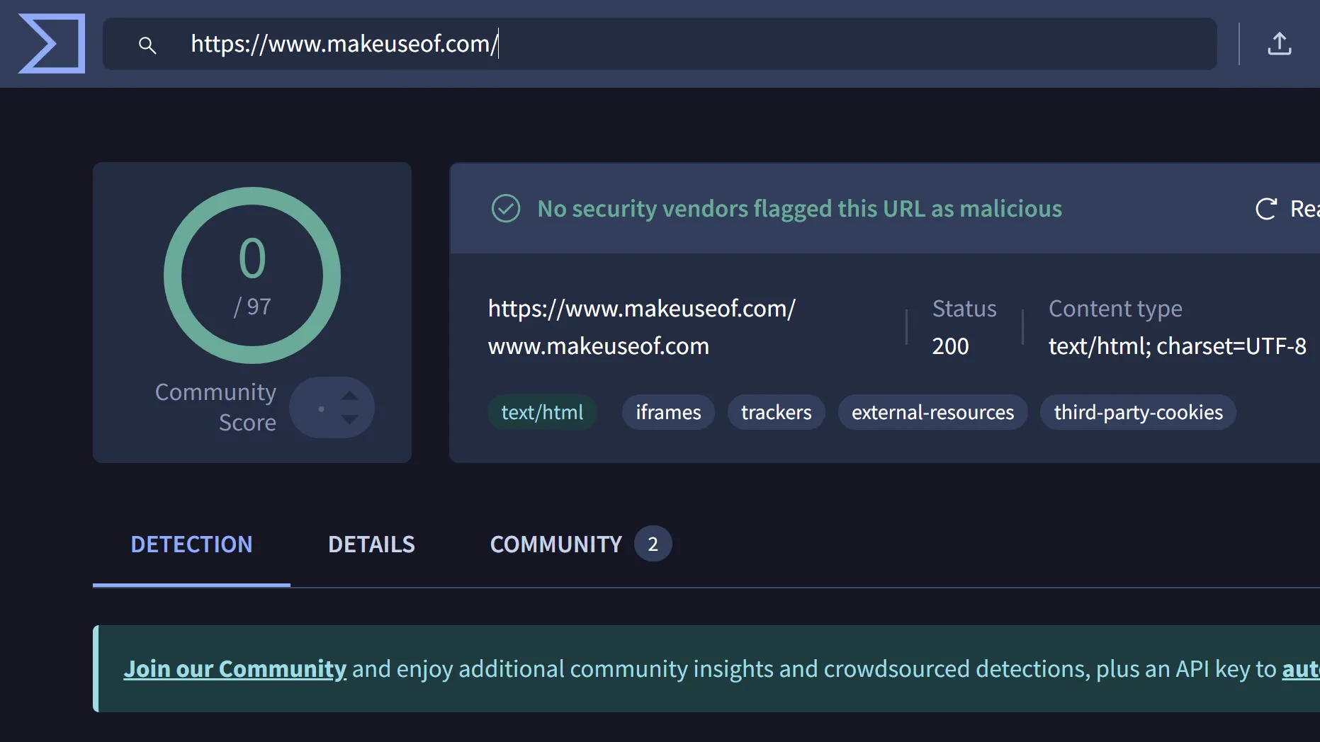 Giao diện VirusTotal hiển thị kết quả quét URL không phát hiện virus, minh họa cách kiểm tra tính an toàn của liên kết