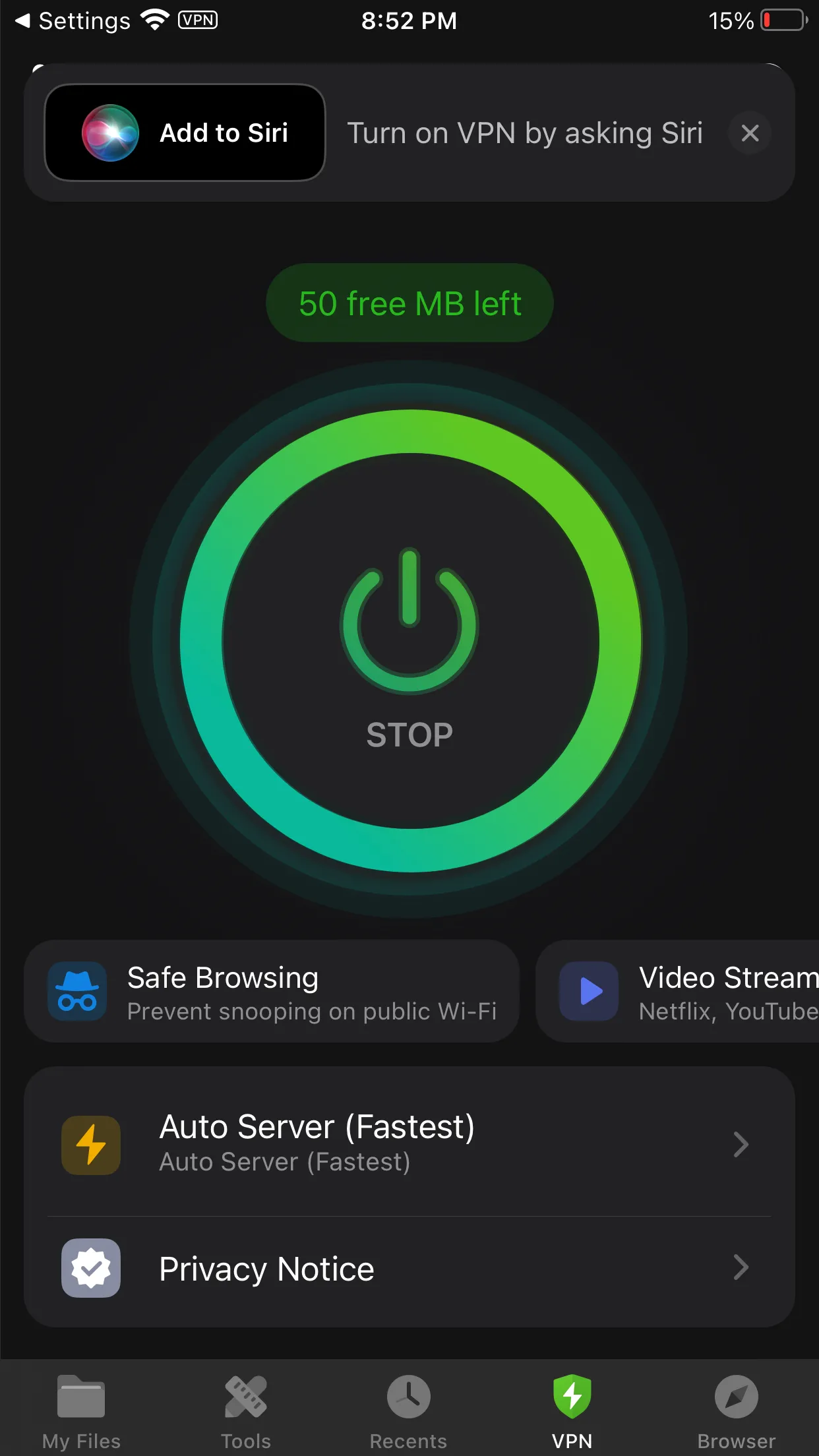 Giao diện VPN tích hợp trong ứng dụng Documents trên iPhone.